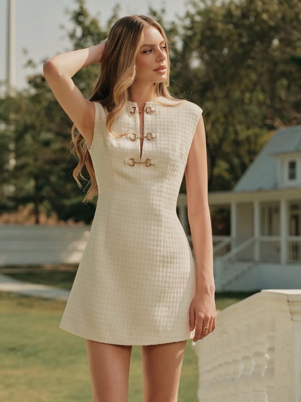 Commense Metal Button Tweed Sleeveless Dress